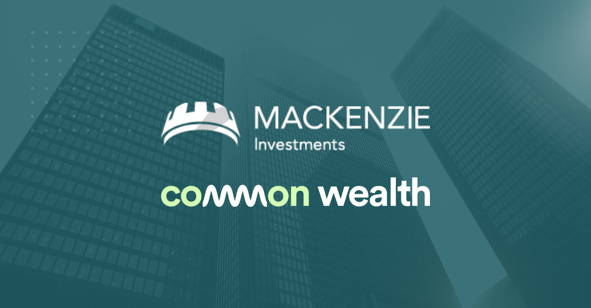 Logos of Mackenzie Investments and Common Wealth displayed against a backdrop of tall skyscrapers in Toronto, symbolizing their new partnership.