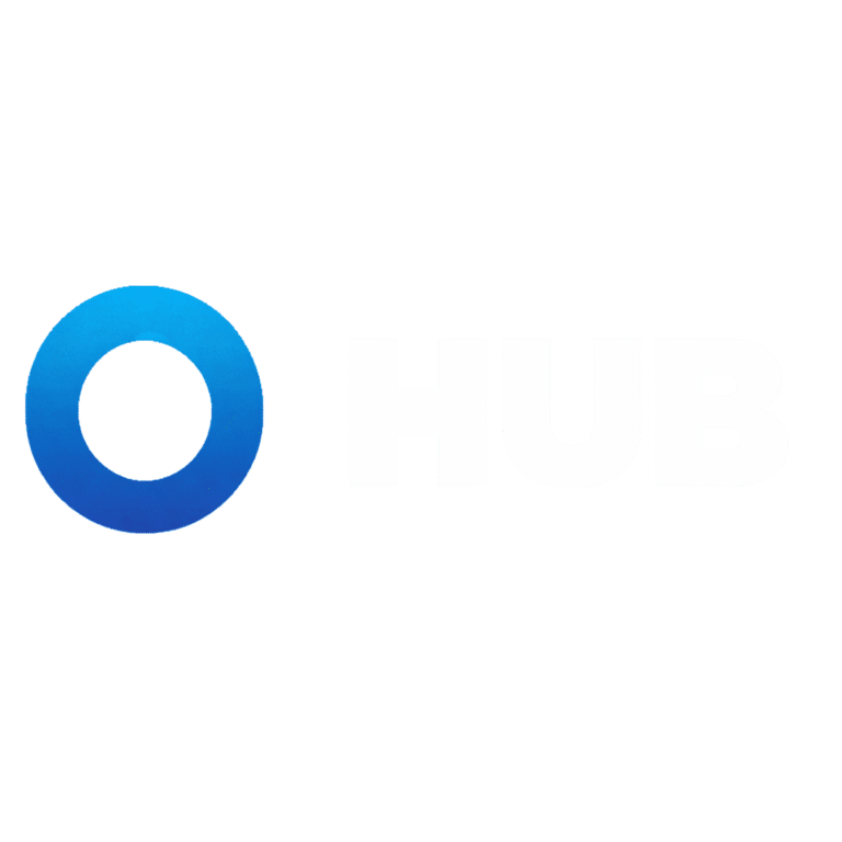 HUB logo with bold white letters and a gradient blue circle icon on the left.
