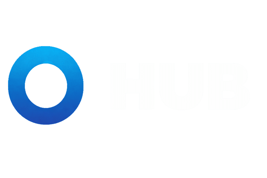 HUB logo with bold white letters and a gradient blue circle icon on the left.