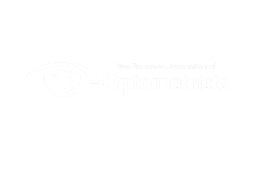 White logo of the New Brunswick Association of Optometrists featuring a stylized eye with the outline of the province inside and the organization’s name displayed to the right.