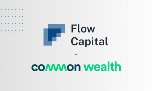Logos of Flow Capital and Common Wealth positioned vertically with a plus symbol in between, signifying a partnership or investment.