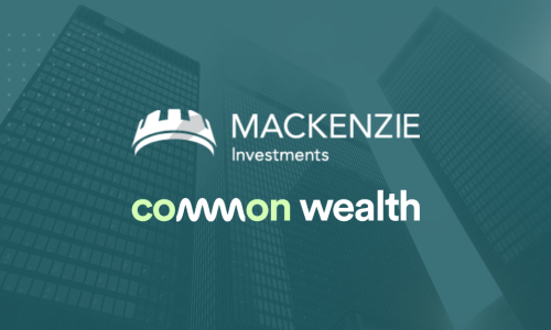 Logos of Mackenzie Investments and Common Wealth displayed against a backdrop of tall skyscrapers in Toronto, symbolizing their new partnership.